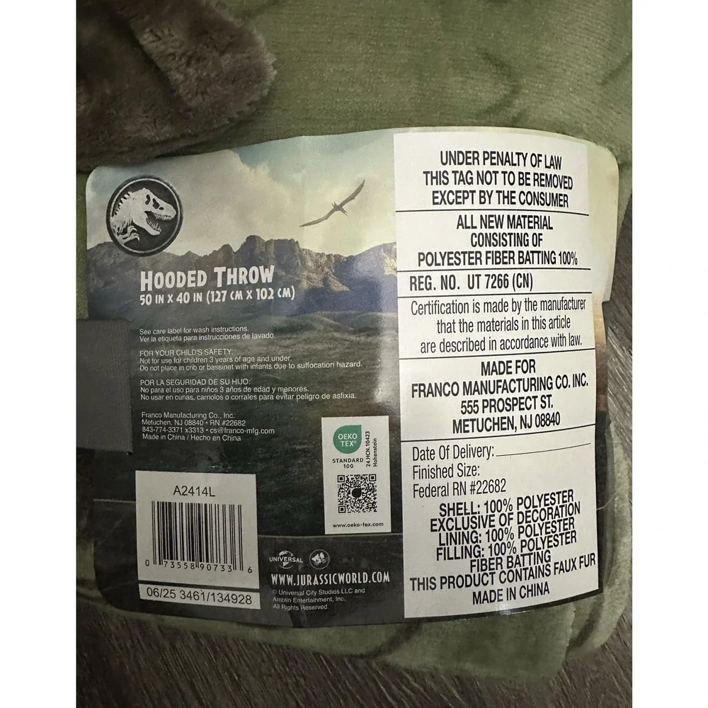 Jurassic World Hooded Throw Blanket 50x40 Kids Green Soft Plush Dinosaur New